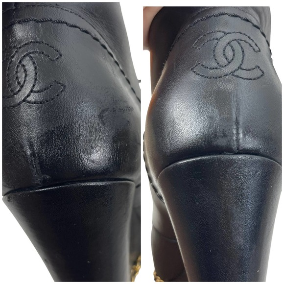 Chanel CC Logo Wedge Ankle Boots Gold Chain Black Size 39.5 - Picture 12 of 12